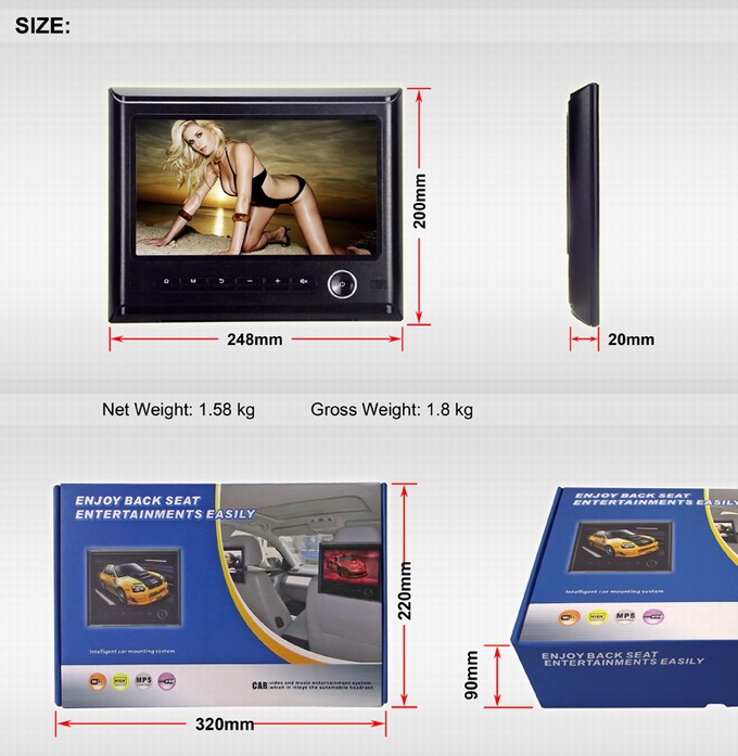 9 inch car headrest monitor with high definition digital screen support mp4 mp5 OCB-H6518