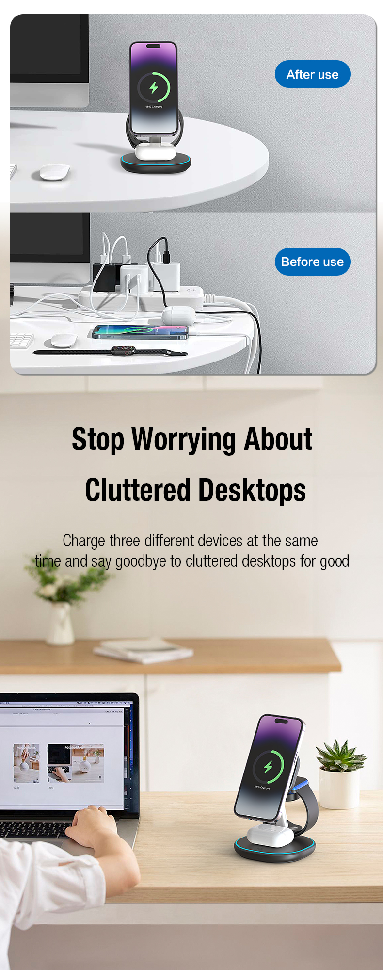 ABS 15W Qi Magnetic Multifunctional Wireless Charging Desktop 3 in 1 Stand for Iphone
