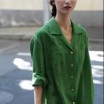 Green Tencel Linen Fabric Woven Shirt Dress With Pin Tucks Customized