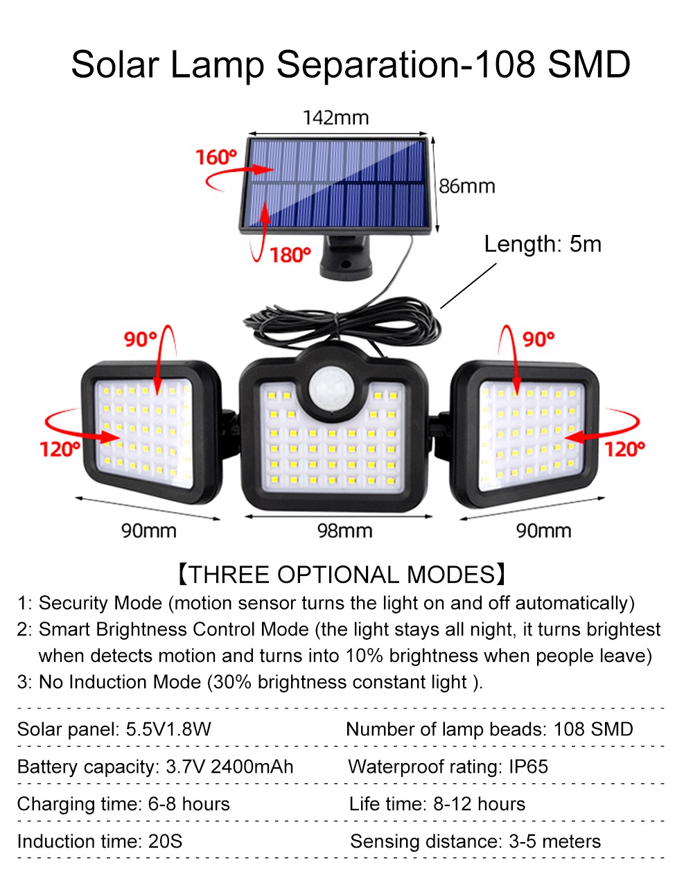6500K 1.8W Outdoor LED Solar Lamp 270 Wide Angle 3.7V 2400mah