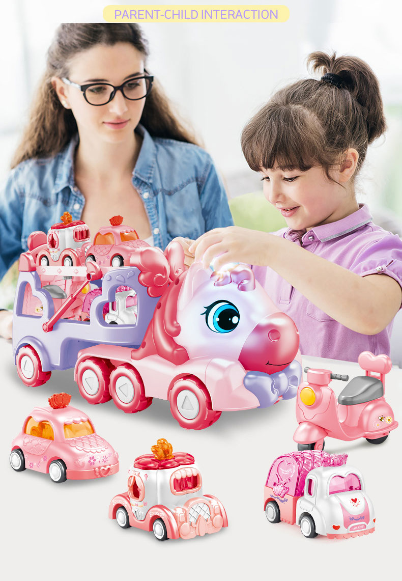 Friction Power Transport Carrier Truck Pull Back Unicorn Car for 18M Kids Boys No Battery