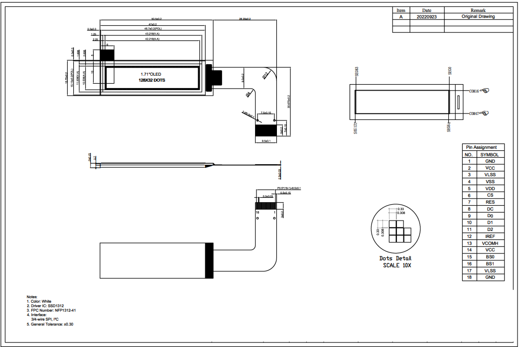 1.71'' OLED Monochrome Display With IC SSD1312 128×32 Serial Peripheral Interface