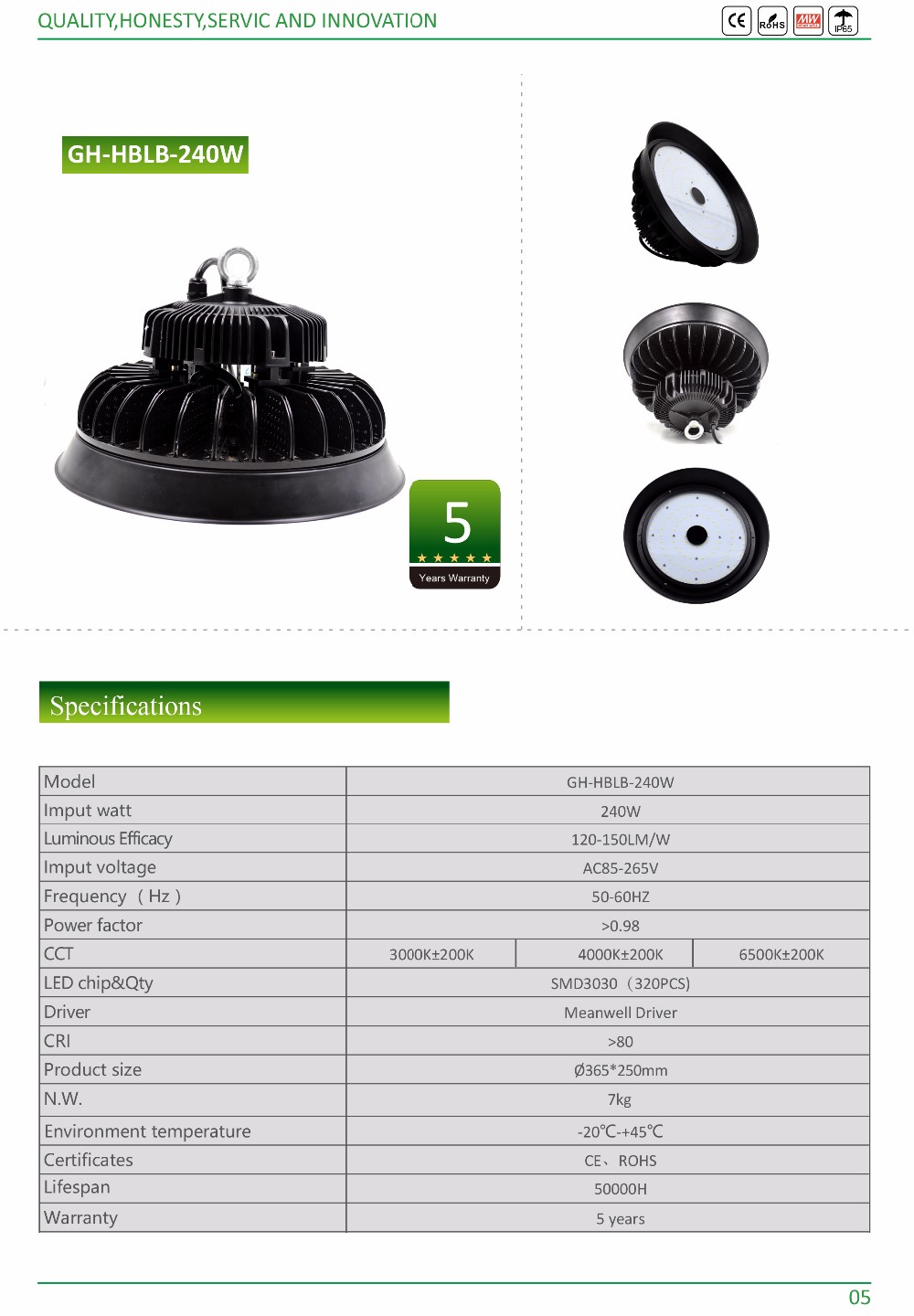 240W LED UFO High Bay Light Industrial Warehouse Lighting AC200-277V 5 Years Warranty