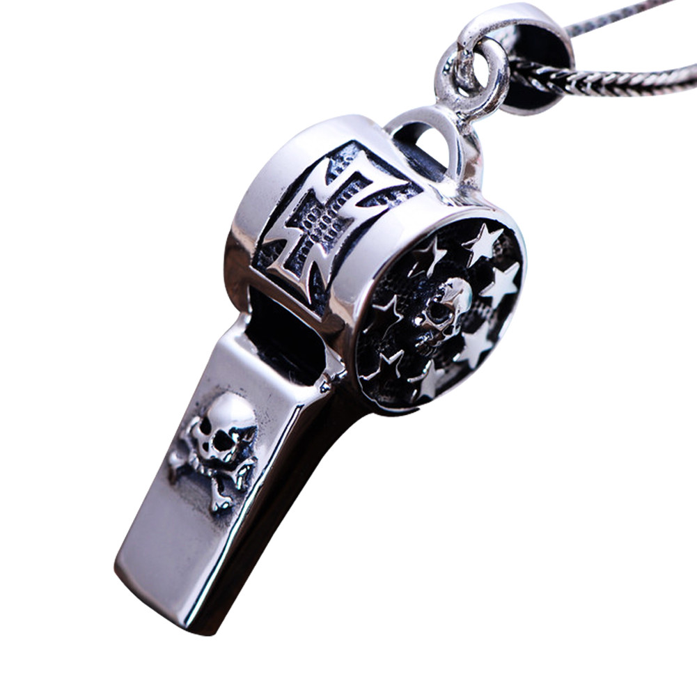 Vintage Thailand Sterling Silver Necklace with Skull Whistle Style(047962W)