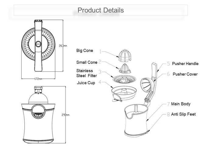JC203 160W Stainless Steel Compact Citrus Press with Aluminmum Diecast Handle
