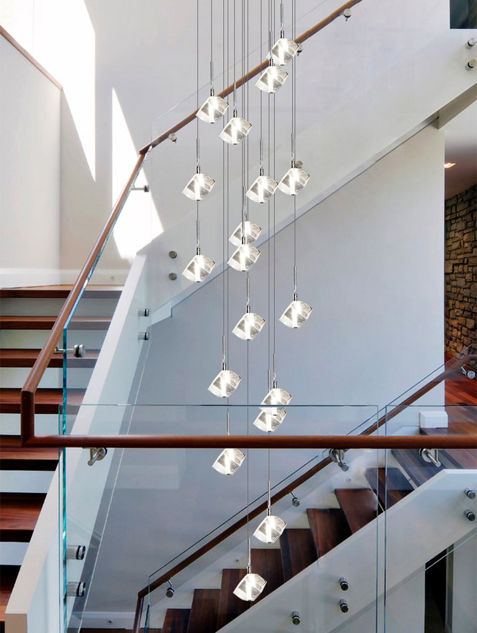 LED square pendant lights hotel villa large spiral staircase chrome Diamond Chandelier(WH-NC-57)