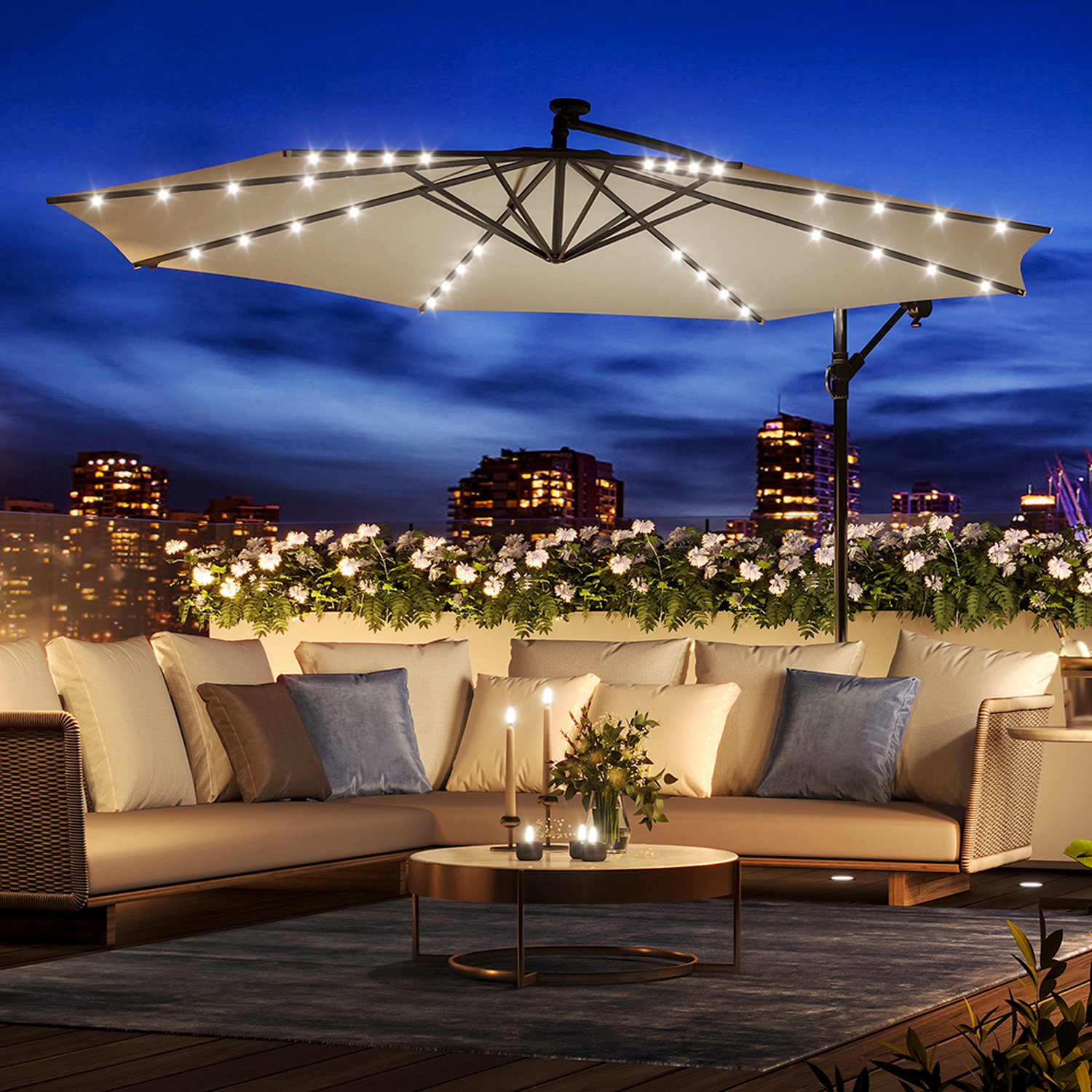 Customized Color Garden Umbrella with Light Waterproof Commercial Restaurant Cantilever