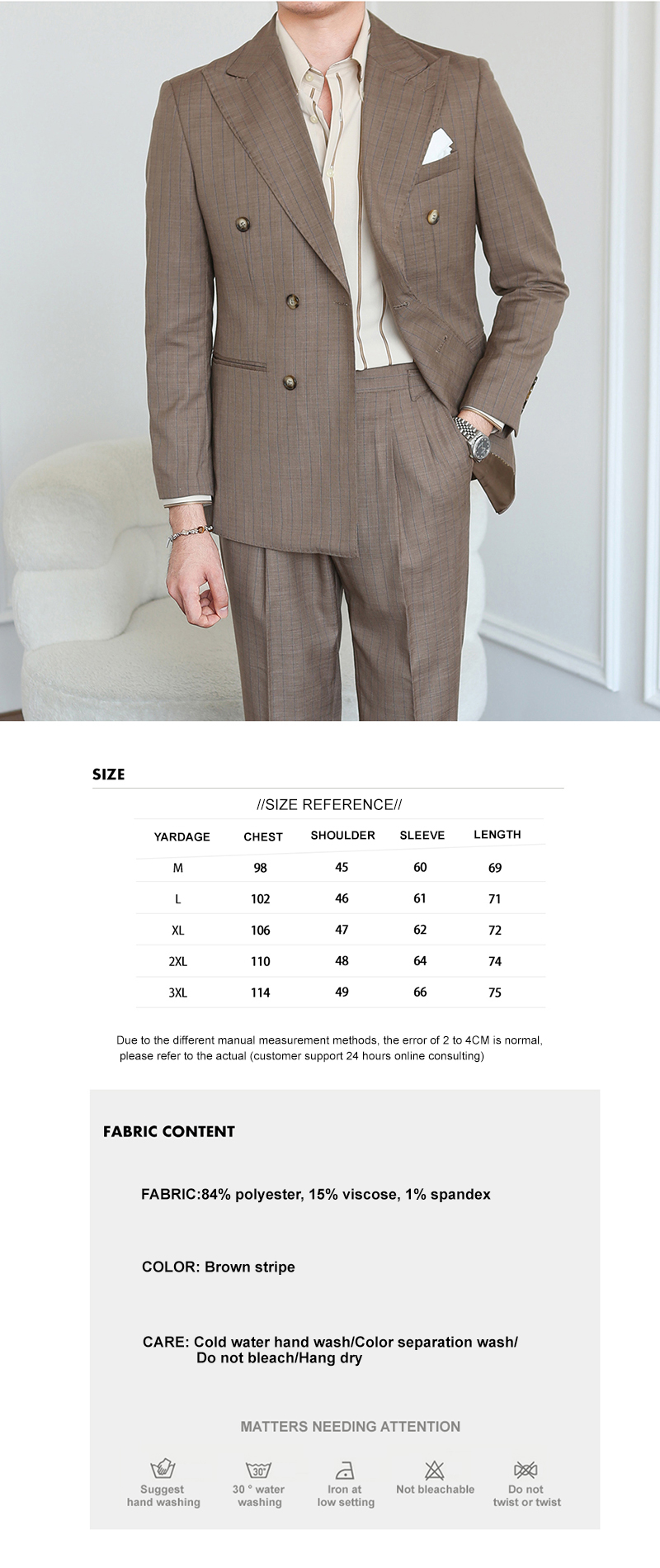 Italian Vintage Brown Suit Double Breasted Striped Jacket for Men's Professional Look