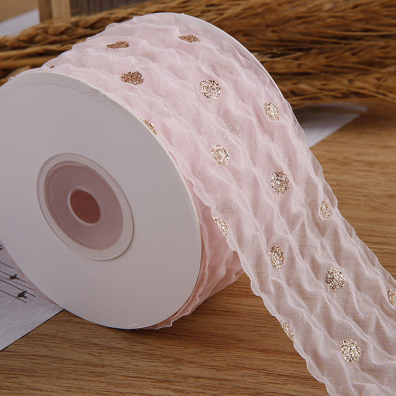 50mm Organza Ribbon With Dot Pattern Gold Foil Printed Polyester Organza Ribbon OEM Eco Friendly