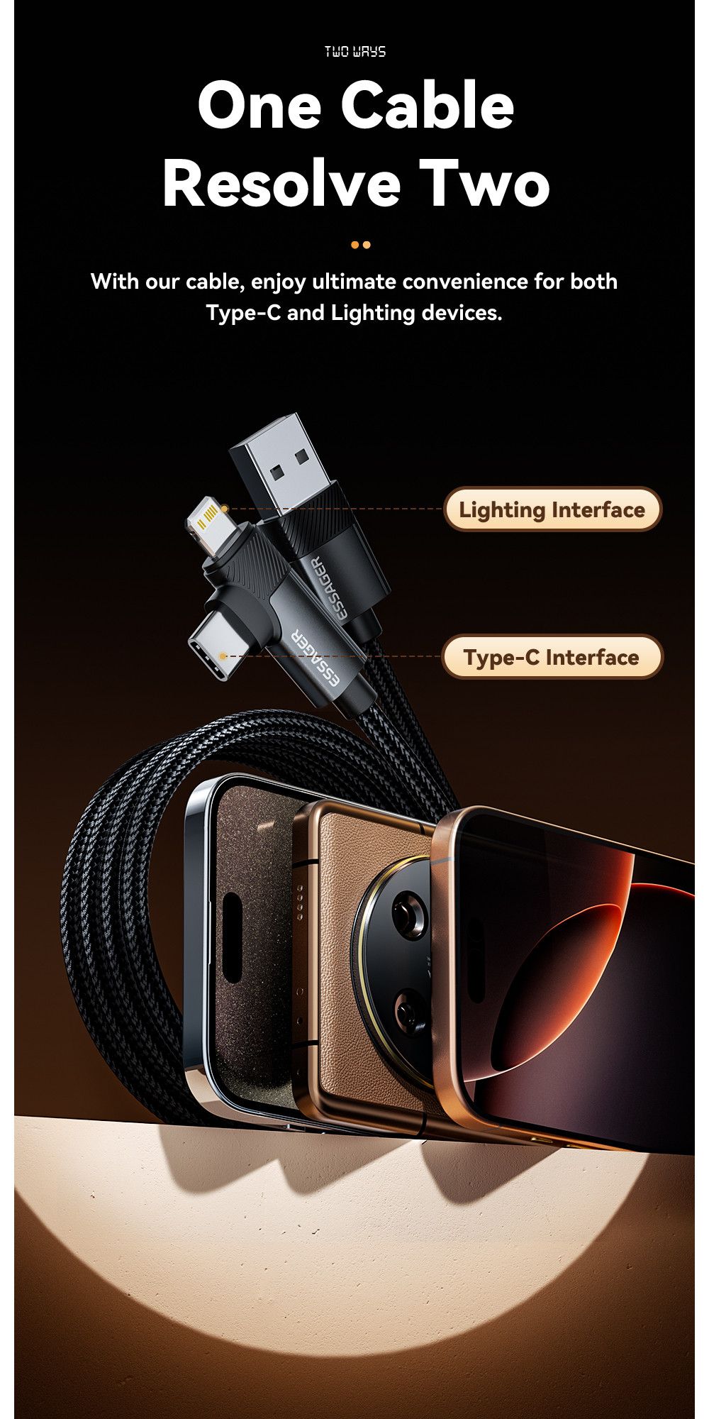 ESSAGER ES-X59 Series 2 in 1 USB-A to USB C Lighting Charging Cable