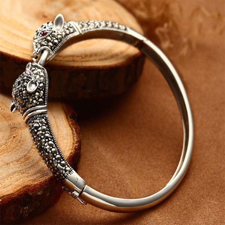 925 Sterling Silver Pave Marcasite Leopard Bangle Bracelet Vintage Jewelry for Women (B6041201)