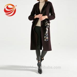 China Wool Long Women's Casual Winter Coats Dark Brown Color With Printed Belt wholesale