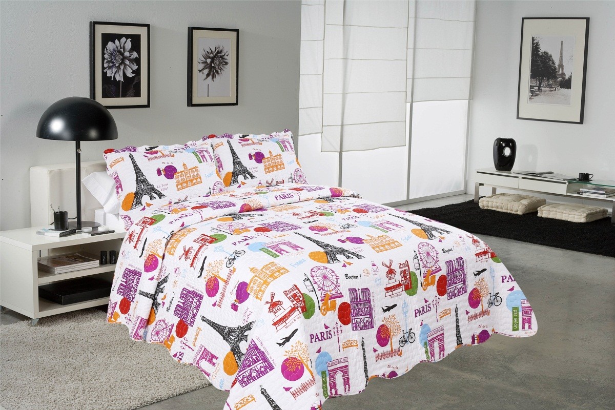 Modern Style Printed Quilt Set With Classic Ticking Printing For Bedrooms
