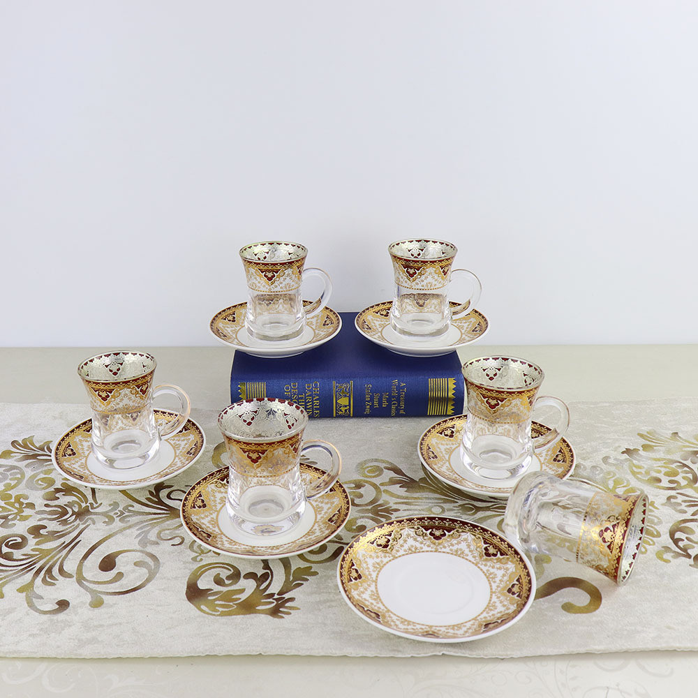 100ml Gold Drawing Glass Cup And Saucer Set Arabic Style