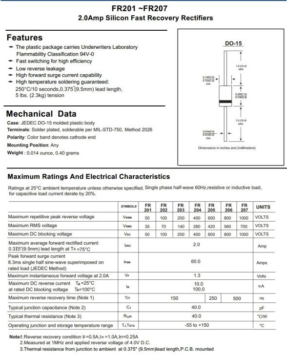 Silicon Fast Recovery Rectifiers Diode 2.0A FR201 Thru FR207 Do-15