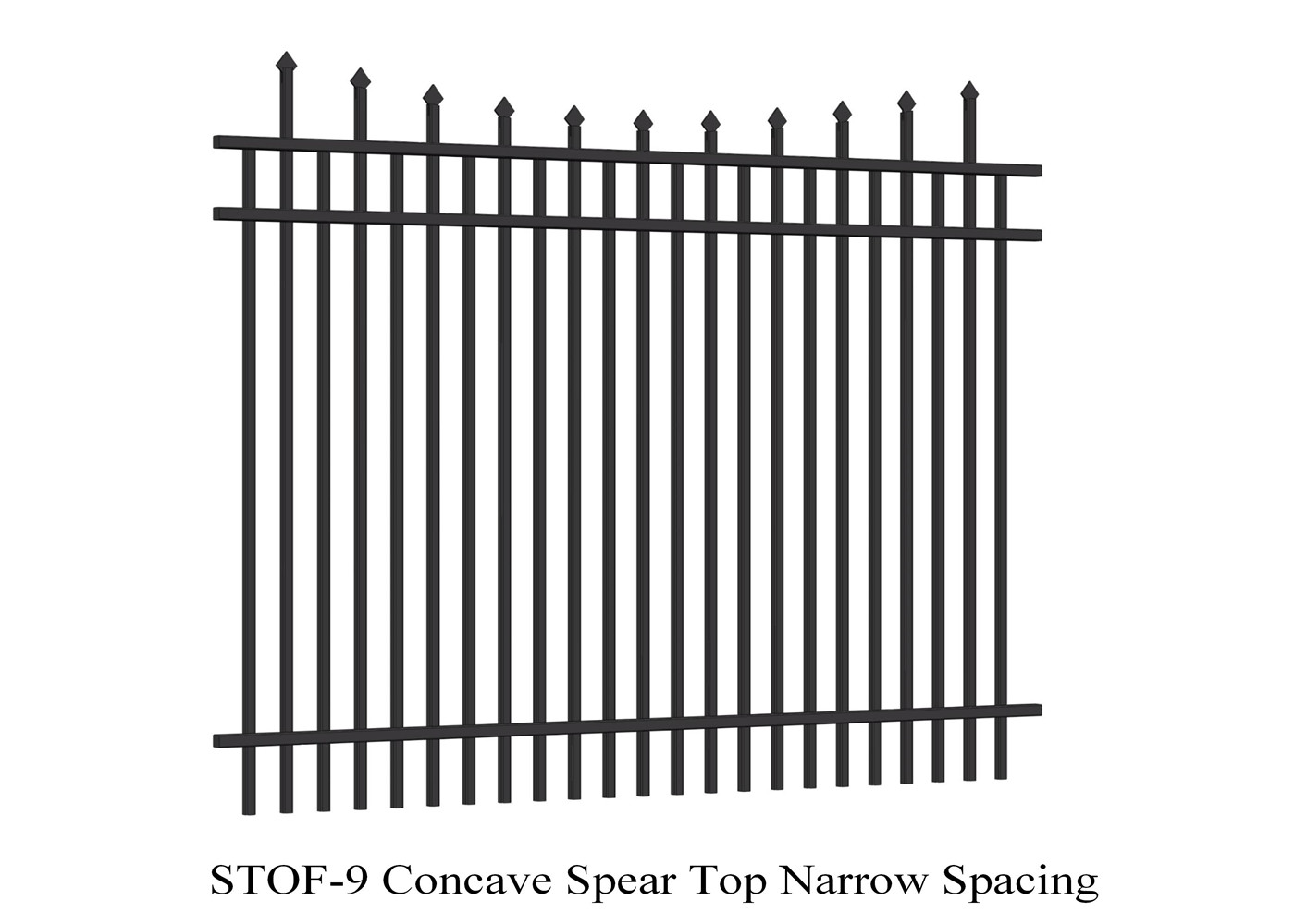 Concave Crimped Spear Top Narrow Spacing Steel Security Fence 2.1m x 2.4m rails 38mm x 38mm 3 rails