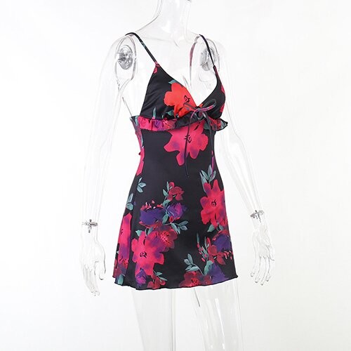 OEM maufactory European and American polyrster sleeveless short skirt sexy V -neck rose printed ruffled camisole dress