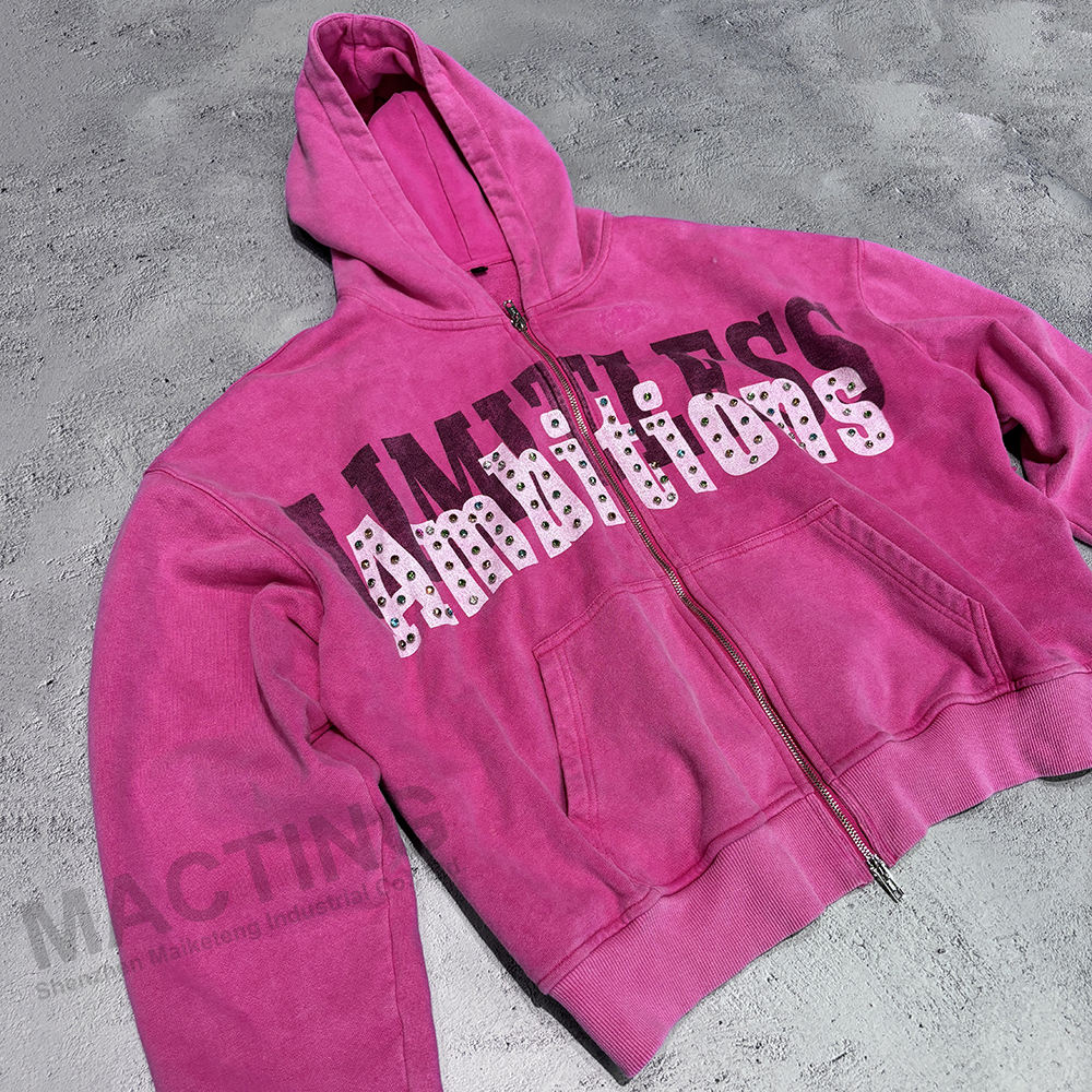 Custom Streetwear Vintage Washed Hoodie with 800 Grams Fabric Weight and Rhinestone