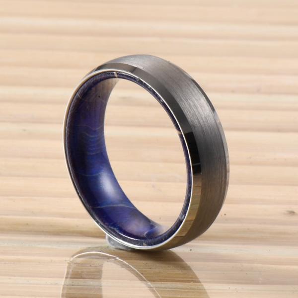 Sample Making 6mm Brushed Silver Tungsten Carbide Rings Inlay Blue Purple Box Elder Wood Flat Dome Beveled Edge Wedding Band