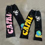Patch Embroidery French Terry Acid Wash Raw Hem Distressed Flared Sweatpants