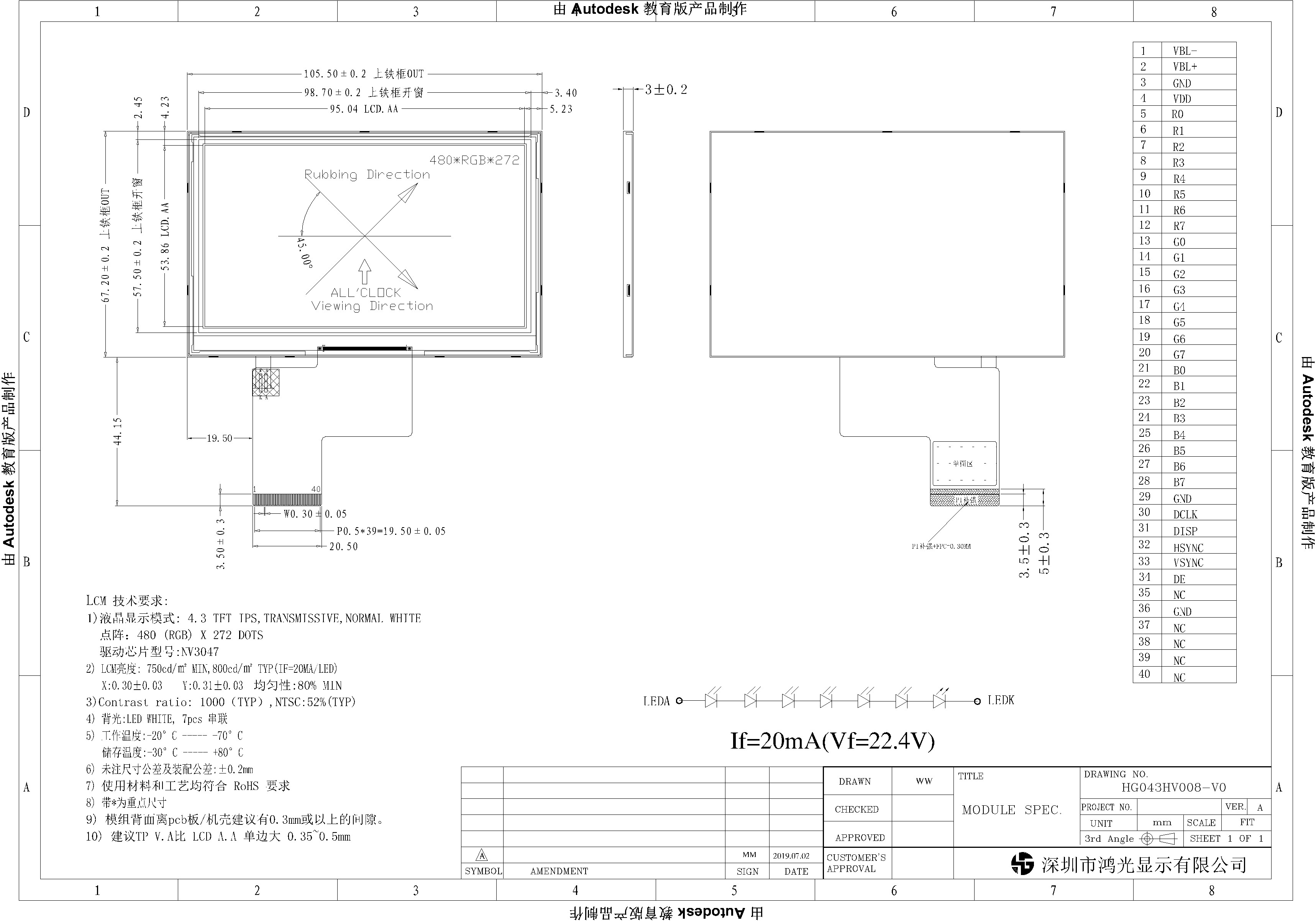 4.3 Inch RGB Interface High Brightness TFT Display 480x272 IPS Full View