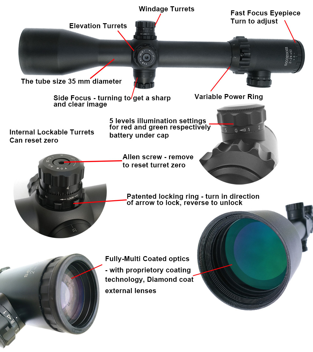 35mm FFP Scopes 2-24x50mm Military Long Range Rifle Scopes For Hunting / Guns