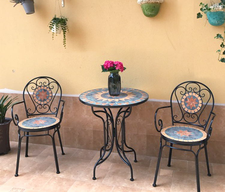Outdoor Patio Garden Bistro Iron Frame Nordic Antique 2 Seater Dining Table and Chair