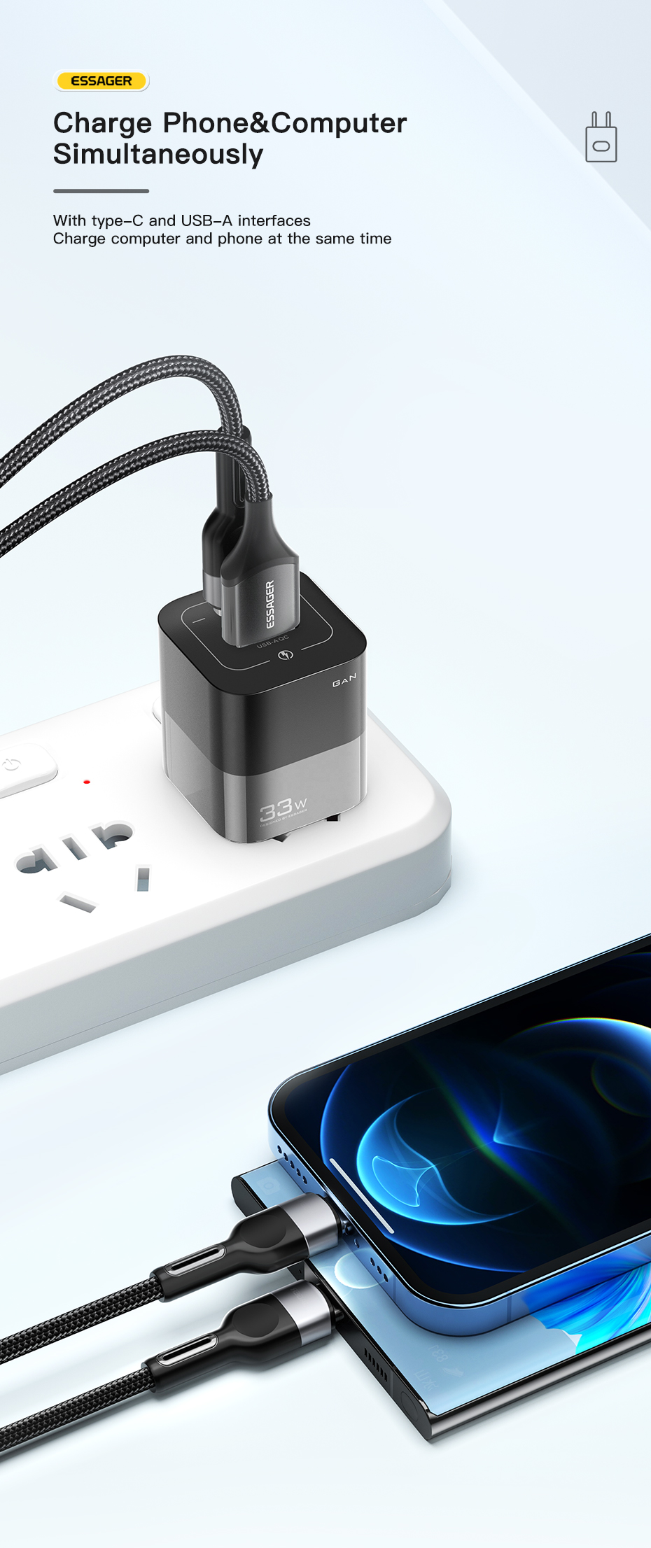 Square Brick Type C Small Travel Fast Cellphone Charger 33w 5A With GaN US Plug USB Port