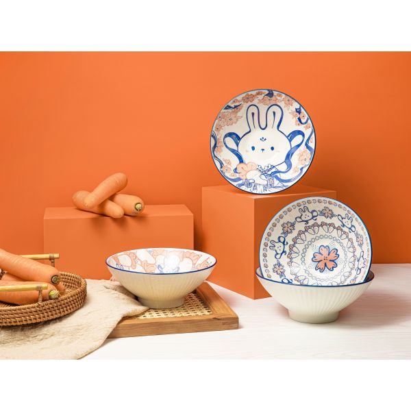 Ready To Ship In Stock Personalized Ceramic Bowls Gift Set Colorful Printed Under Glazed Kitchen 4pcs Soup 6.5 Inch 8 Inch