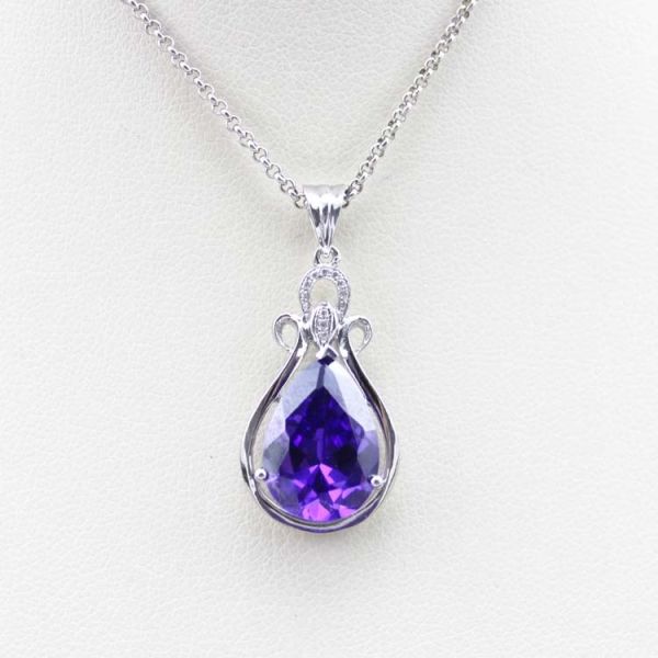 Women 925 Silver Jewelry 10mmx14mm Purple Cubic Zircon Pendant Necklace (PSJ0394)