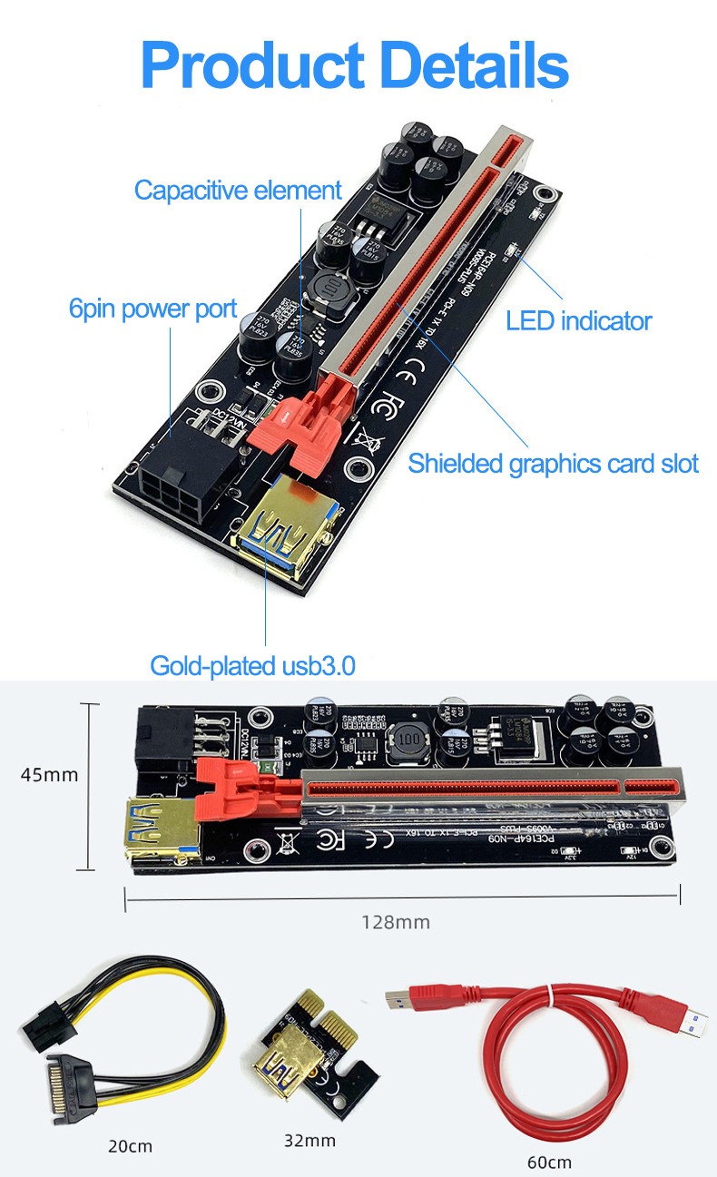 Gold Plated Ver009S PCIE Riser Card 009s PCI Express 1X to 16X Extender 6Pin Power 60CM USB 3.0 Cable For Graphics Card