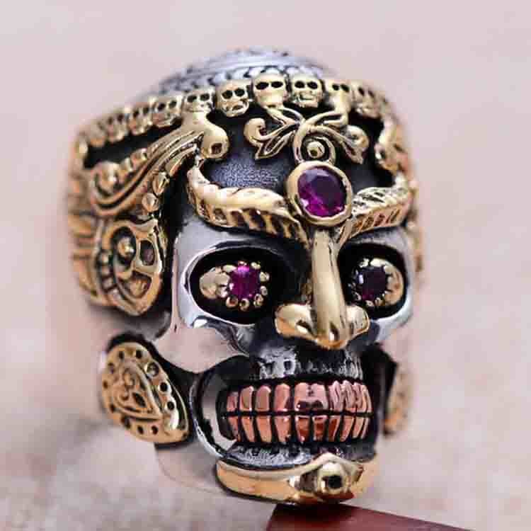 Men Jewelry Golden 925 Silver Two Tone Skull Retro Ring (048115)