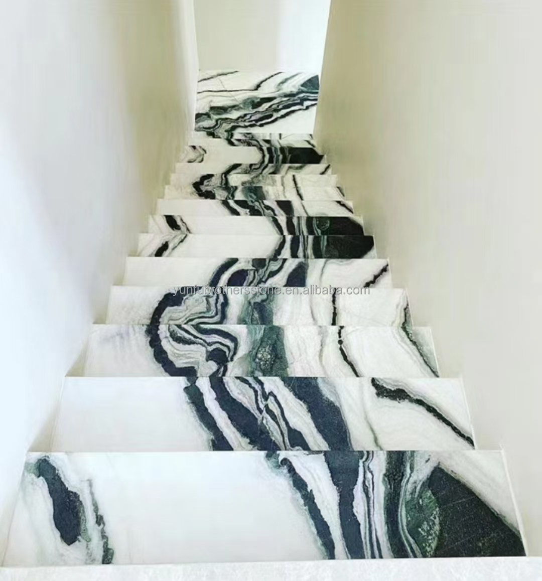 Modern Hotel Staircases Brothers Stone Panda White Marble Treads and Risers Anti Slip
