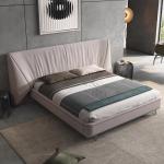 Grey Genuine Leather King Size Bed SS Leg Solid Wood Frame Bed