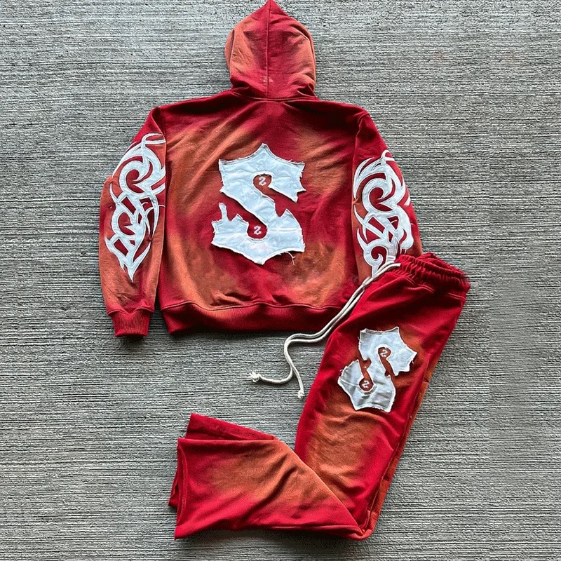 Customized Colorful Embroidery Logo 2 Piece Jogger Sets Flared Sweatpants Distressed