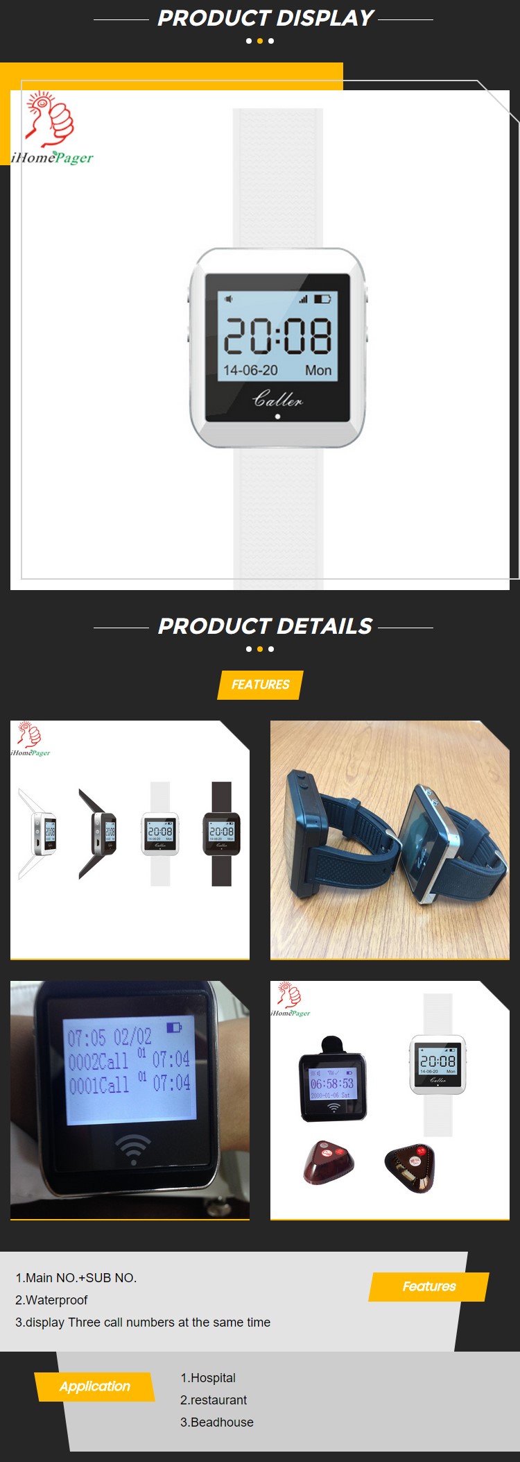 Fashionable easy charging waterproof LCD wrist watch pager supports Language customization