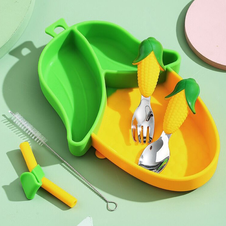 Divided Corn Plate Set Silicone Baby Feeding Set Non Slip Suction Base