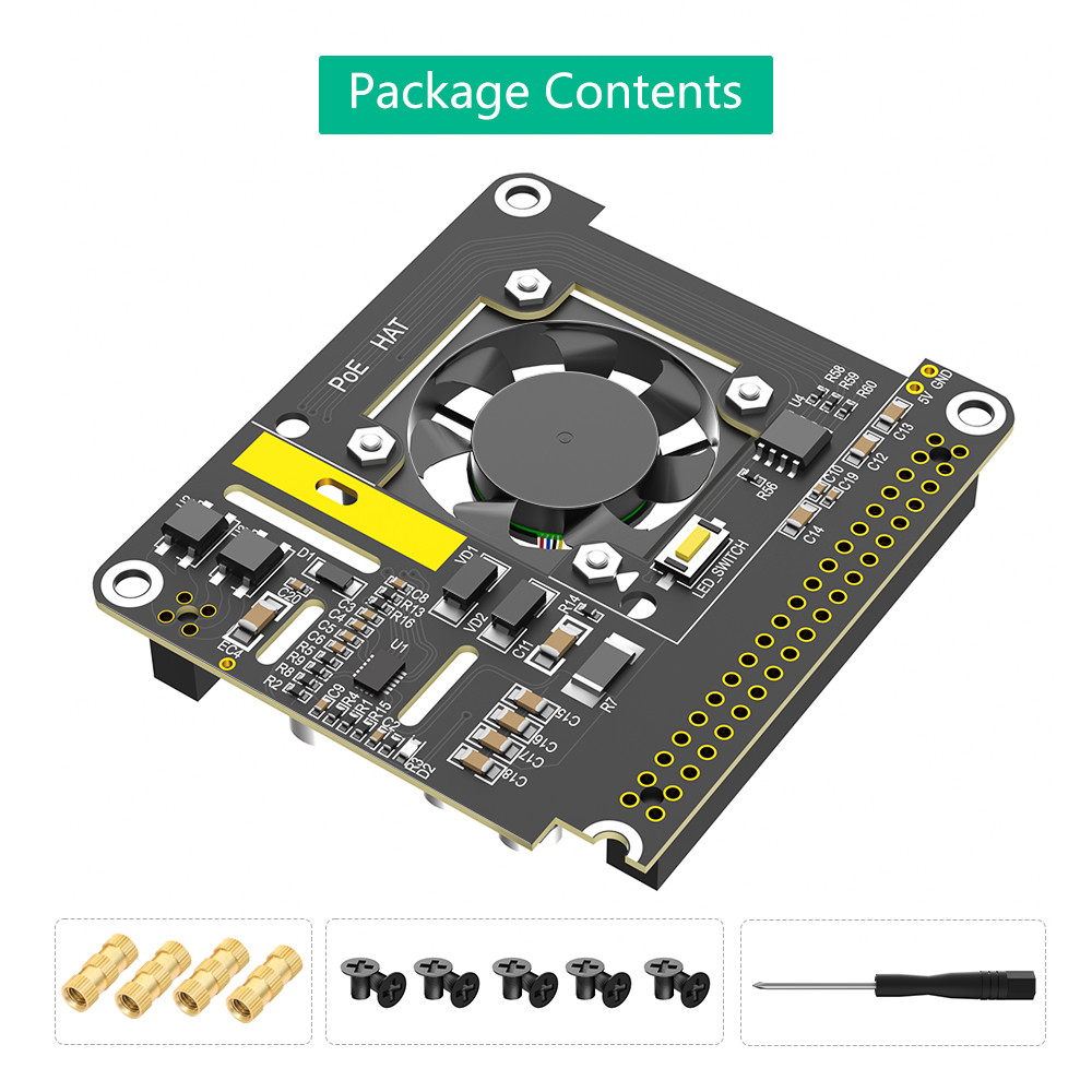 Raspberry Pi 5 PoE HAT with Cooling Fan and Automatic LED 5V 5A 25W IEEE 802.3af/at-Compliant