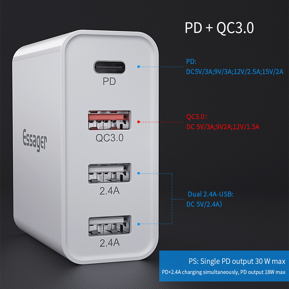 Essager 2021 Earl 48W USB Type C 4 Ports 18W 48W Fast Charging Pd Wall Charger For Mobile Phone With Cable