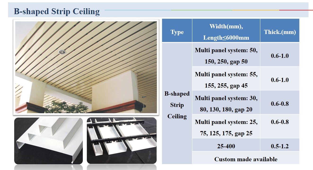 White Powder Coating C300 Suspended Aluminum Strip Ceiling Metal Aluminium Panel Cut Edge