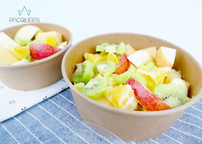 Salad Kraft Paper Takeaway Food Containers PLA Lined Clear Lids