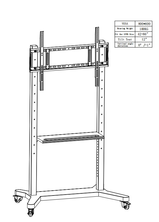 55"- 86" Adjustable Mobile TV Stand With Wheels, Compatibility For 43"-100" Flat/Curved Screens Up To 220 Lbs Steel Frame, 5 Height Options, Rolling