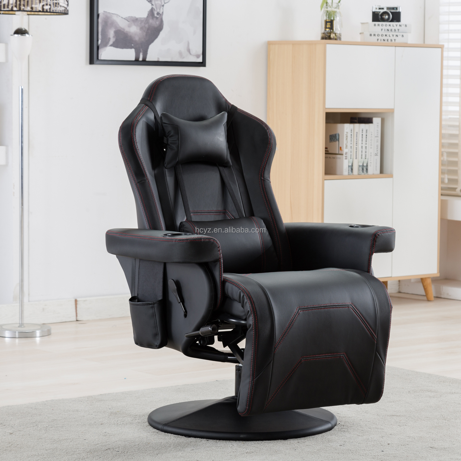 White Racing Style Gaming Chair Executive Office Swivel Seat with Cup Holder and Footrest