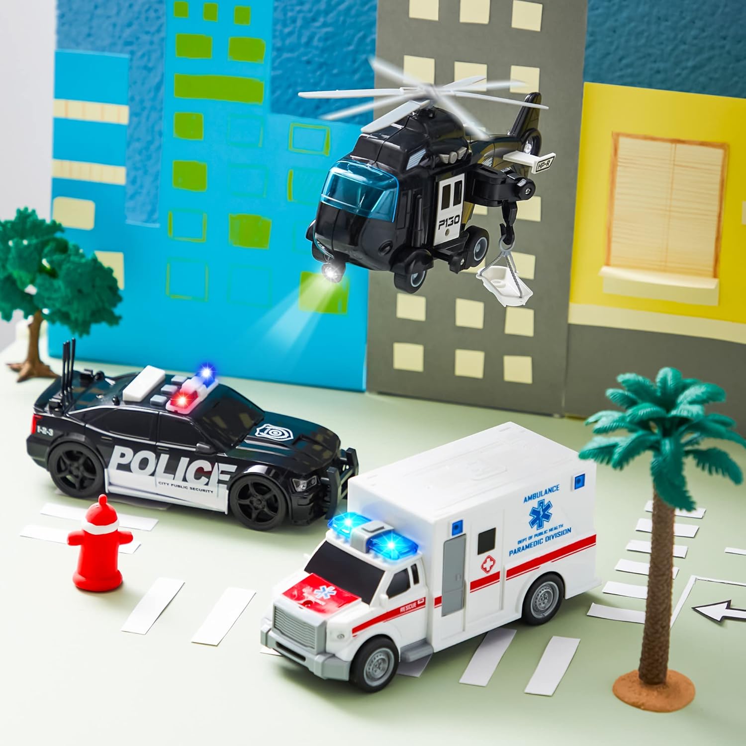 Police Car Emergency Vehicle Friction Powered Car Birthday Gifts for Boys Girls Age 3-9