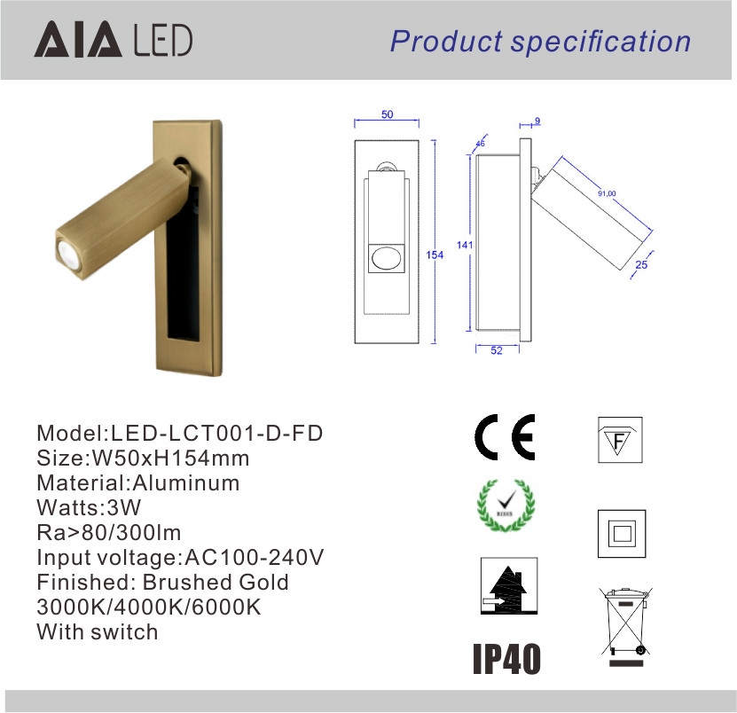 Rotating Recessed mounted bed sides light 3W led bed lighting reading light bed head wall lamp