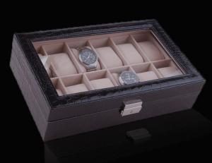 China Black Leather Watch Display Box, Removable Pillows for 12 Timepieces, Closure, See-trough Window. Custom Logo Accepted wholesale