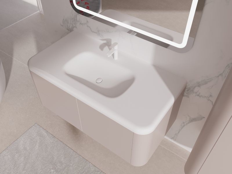 Sakura Pink Wall Mounted Bathroom Cabinet Rounded Edges Floating Bathroom Sink Unit