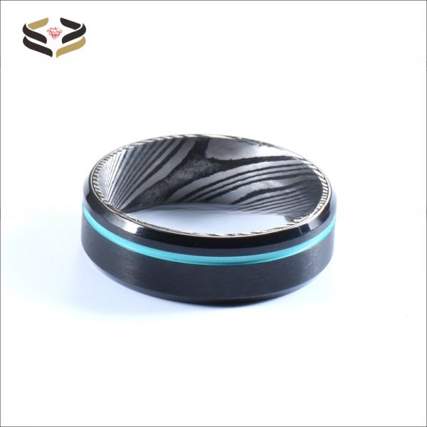 Black Tungsten Damascus Steel Men's Wedding Ring 8mm with Turquoise Grooved Line
