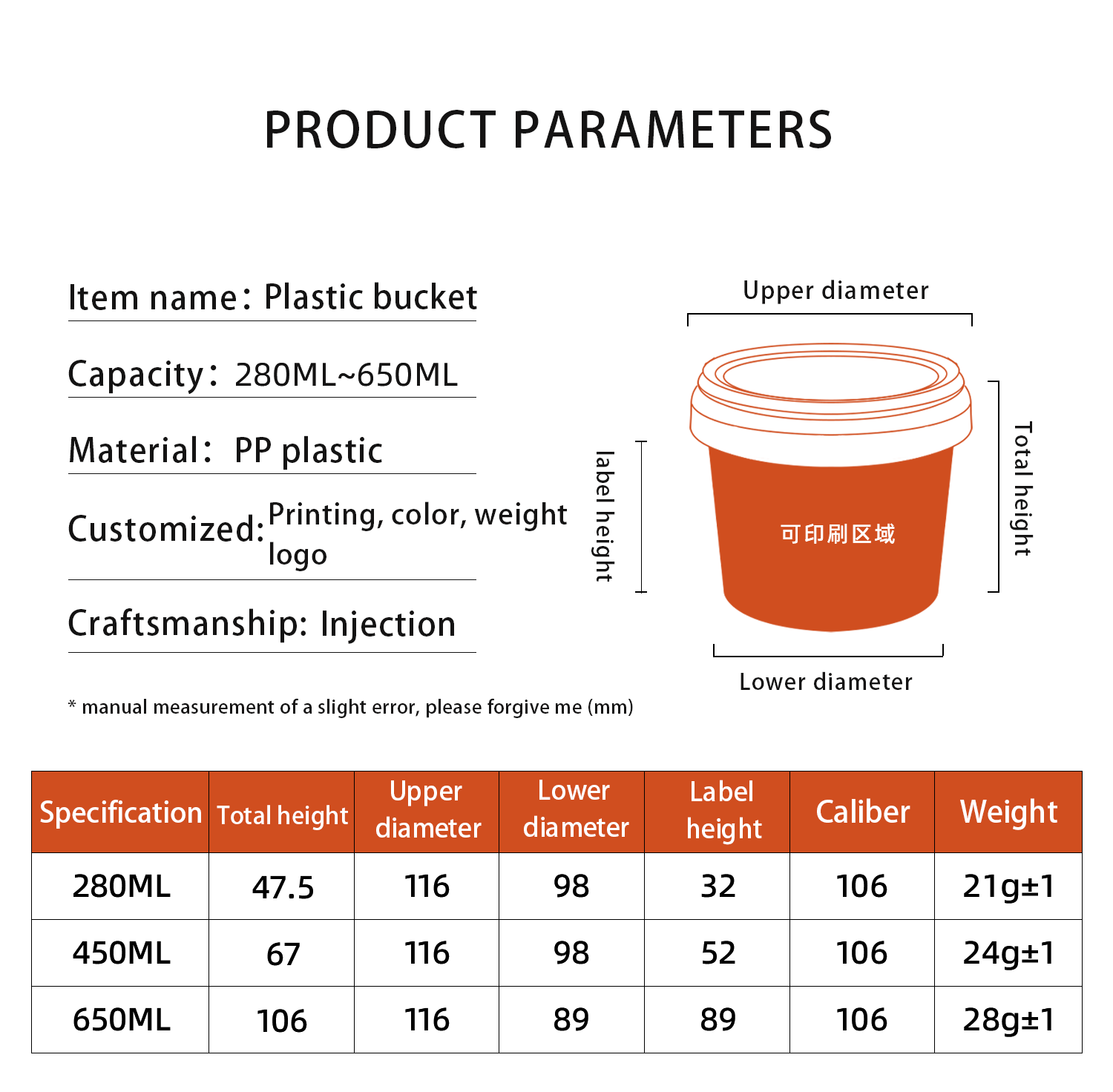Transparent Round Plastic Food Storage Buckets Capacity 280ml/450ml/650ml Food Grade
