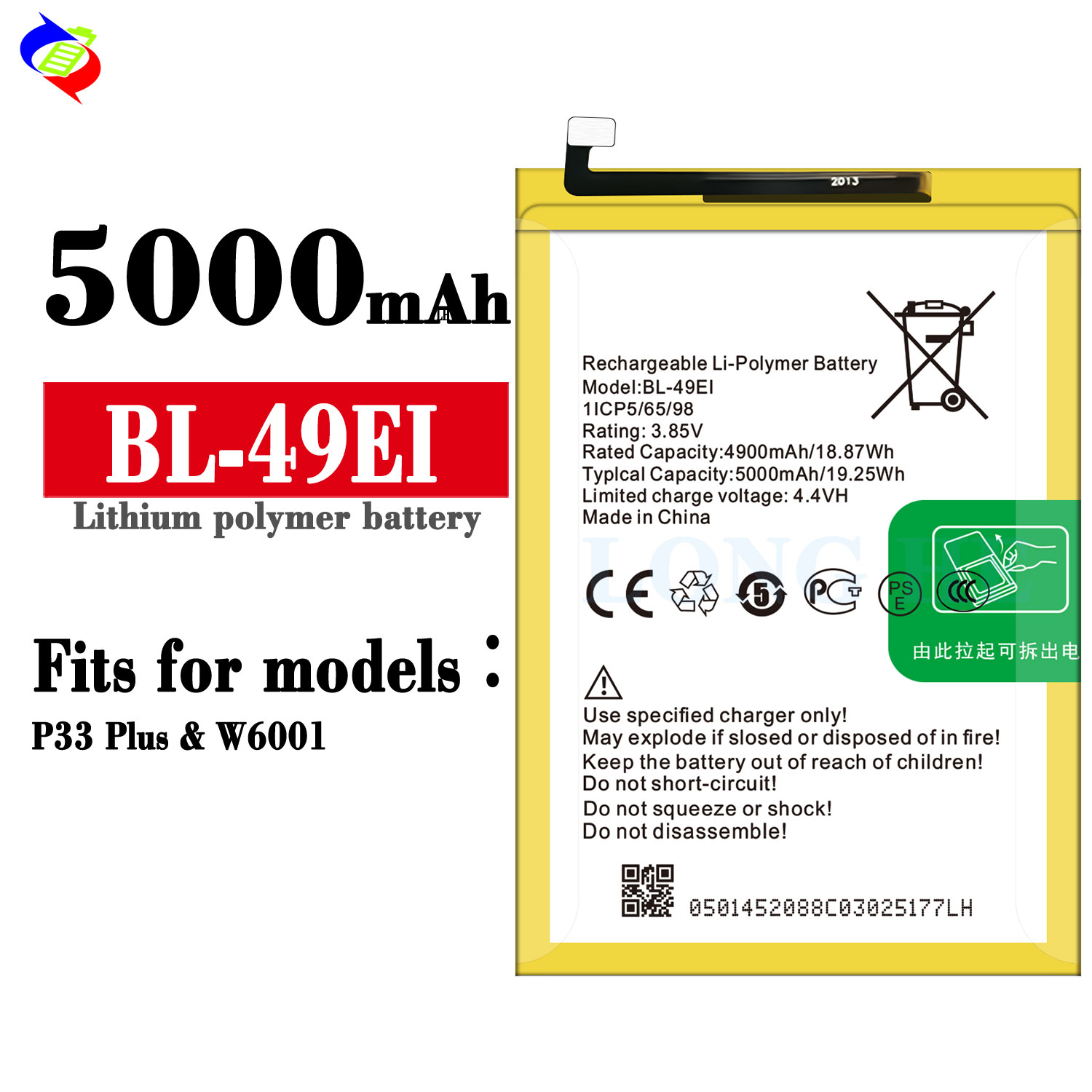 BL-49Ei Li-ploymer Battery for Itel P33 Plus P33 P46 3.85V 5000mAh Stable Performance